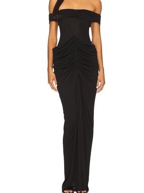 MISHA Polaris Cupro Dress Ruched Off Shoulder Formal Gown Minimalist $470 NWT
